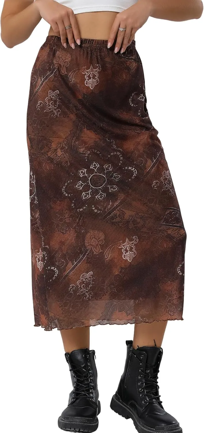 Avanova Women Ditsy Floral Bohemian Mesh Midi Skirt Elastic High Waisted Flowy Summer Long Skirt