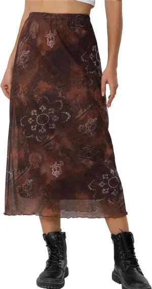 Avanova Women Ditsy Floral Bohemian Mesh Midi Skirt Elastic High Waisted Flowy Summer Long Skirt