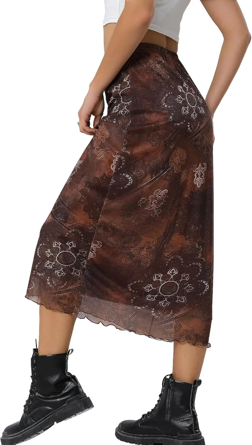 Avanova Women Ditsy Floral Bohemian Mesh Midi Skirt Elastic High Waisted Flowy Summer Long Skirt