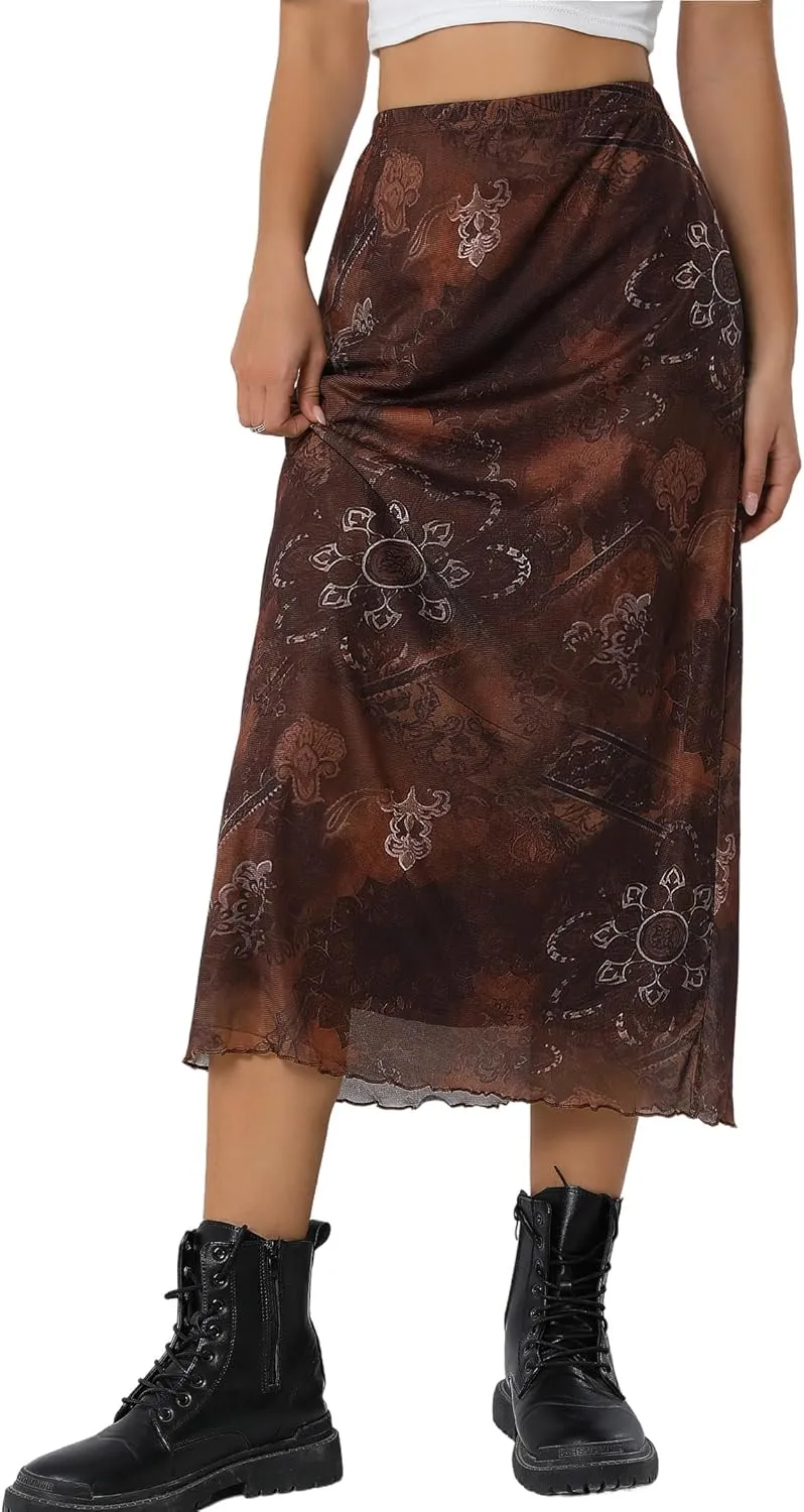 Avanova Women Ditsy Floral Bohemian Mesh Midi Skirt Elastic High Waisted Flowy Summer Long Skirt