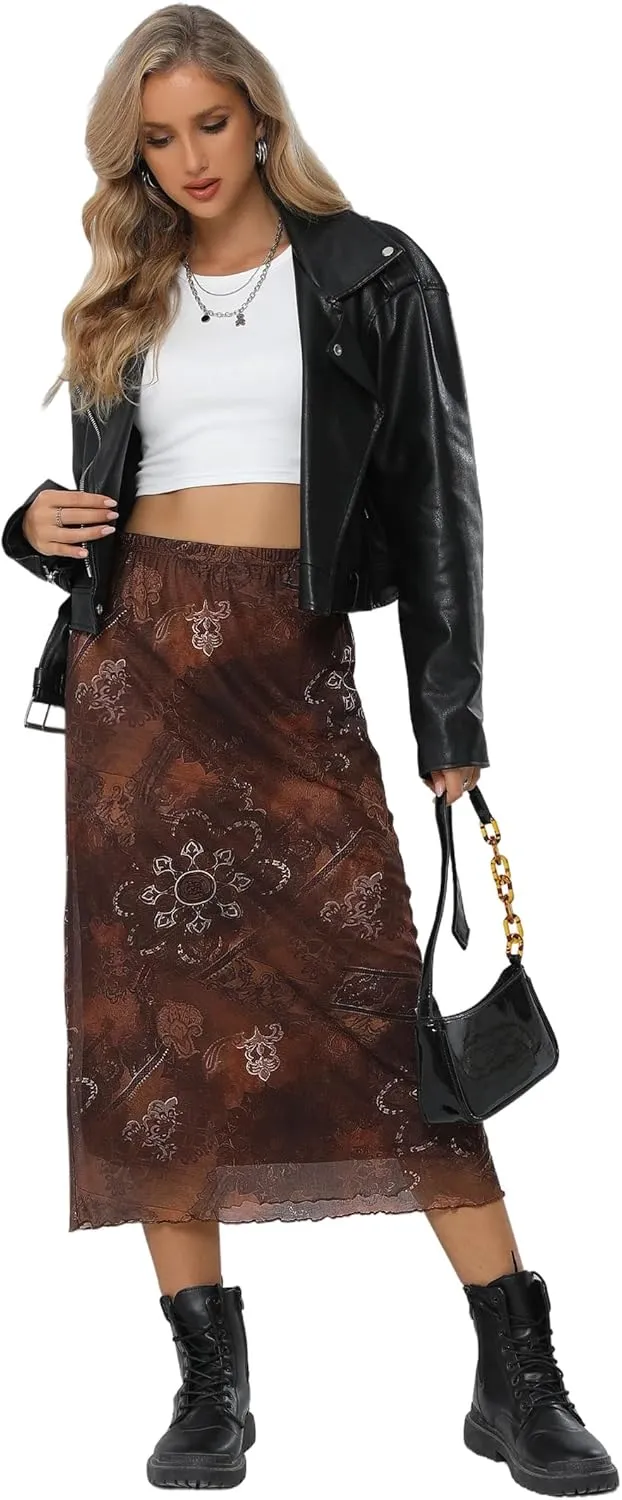 Avanova Women Ditsy Floral Bohemian Mesh Midi Skirt Elastic High Waisted Flowy Summer Long Skirt