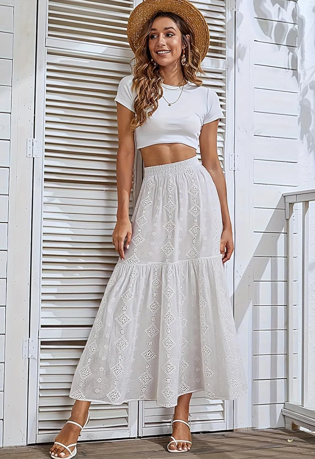Babalet Women's Boho Cotton Skirts Embroidery Lace Eyelet Elastic Waist Flowy A-Line Beach Casual Summer Maxi Skirt