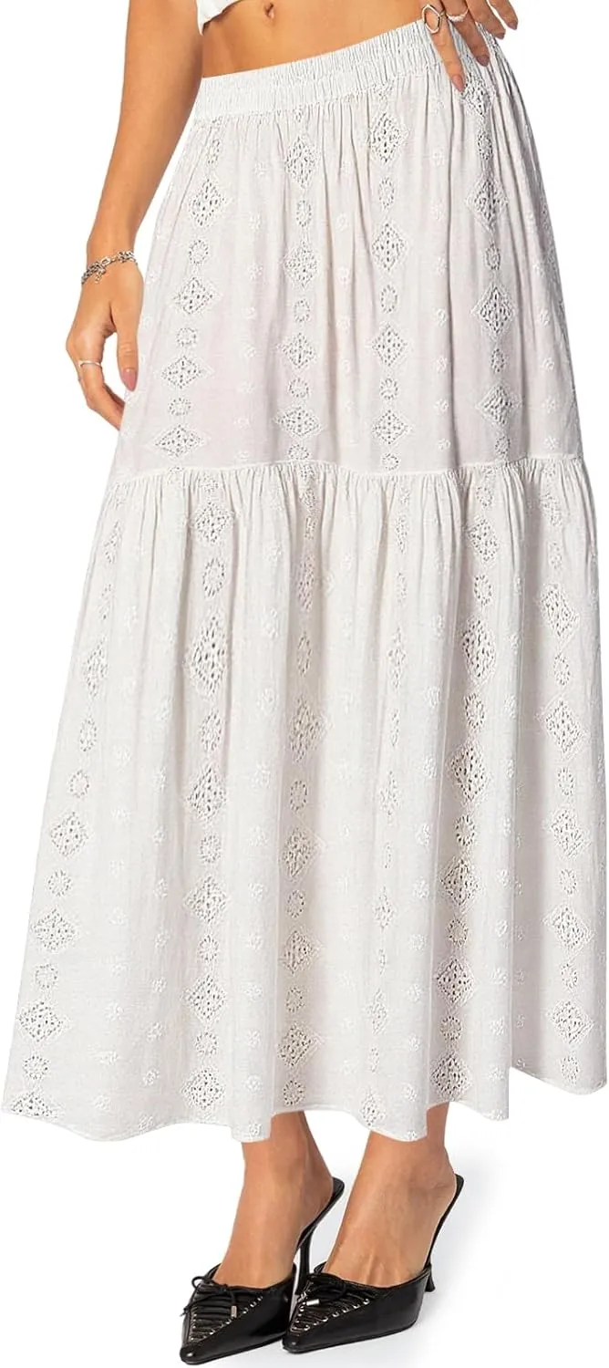 Babalet Women's Boho Cotton Skirts Embroidery Lace Eyelet Elastic Waist Flowy A-Line Beach Casual Summer Maxi Skirt