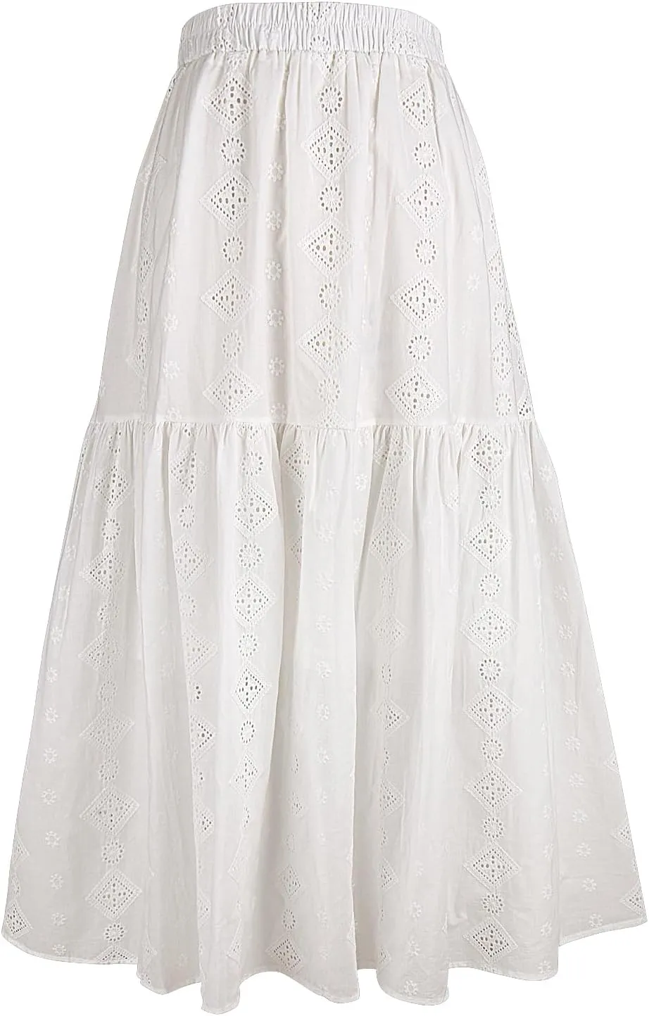Babalet Women's Boho Cotton Skirts Embroidery Lace Eyelet Elastic Waist Flowy A-Line Beach Casual Summer Maxi Skirt