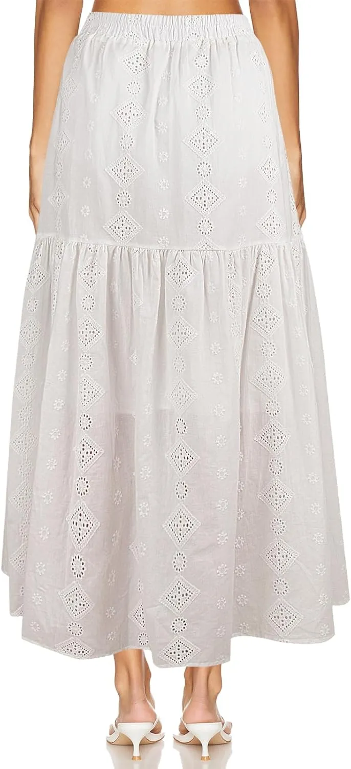 Babalet Women's Boho Cotton Skirts Embroidery Lace Eyelet Elastic Waist Flowy A-Line Beach Casual Summer Maxi Skirt