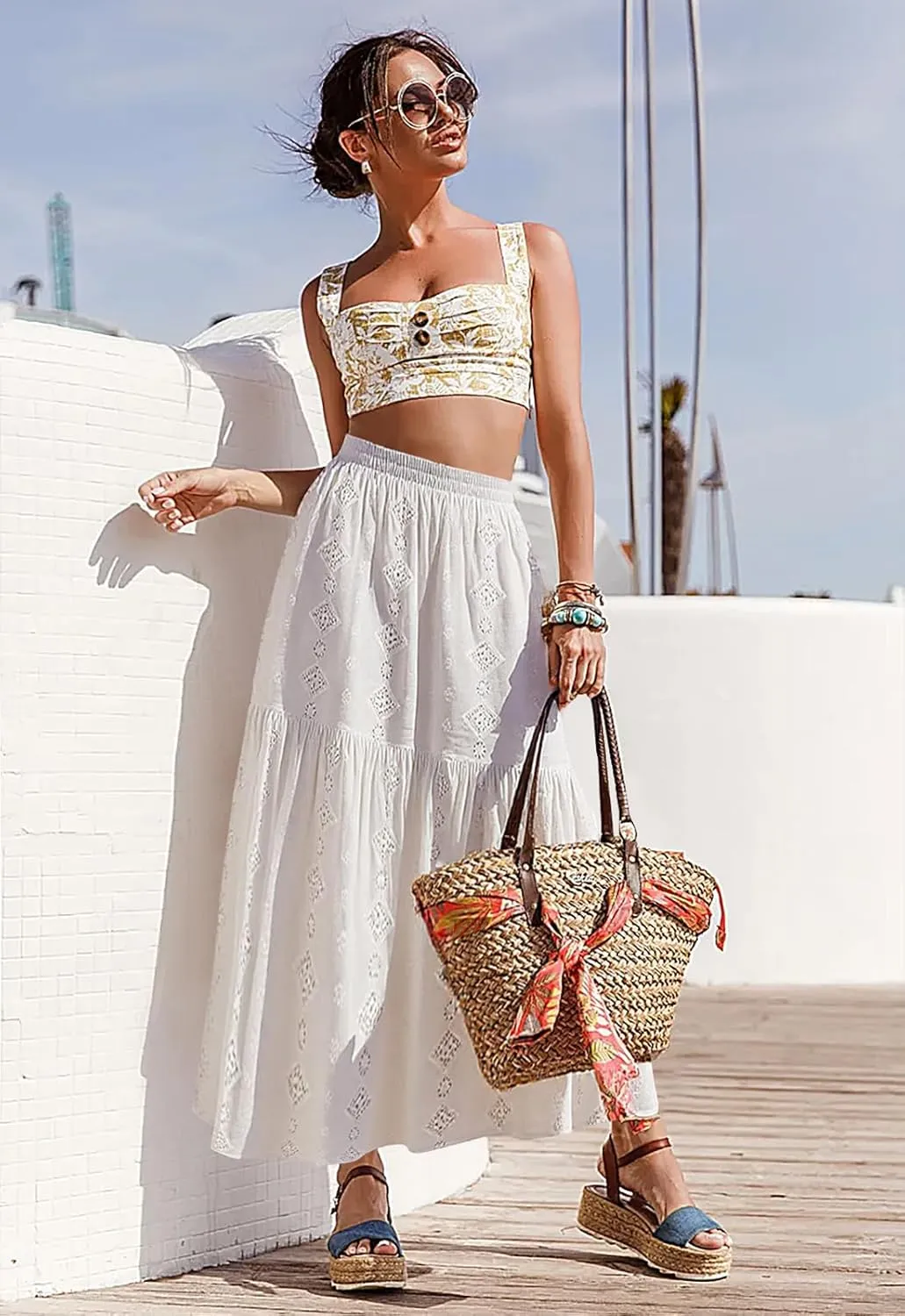Babalet Women's Boho Cotton Skirts Embroidery Lace Eyelet Elastic Waist Flowy A-Line Beach Casual Summer Maxi Skirt