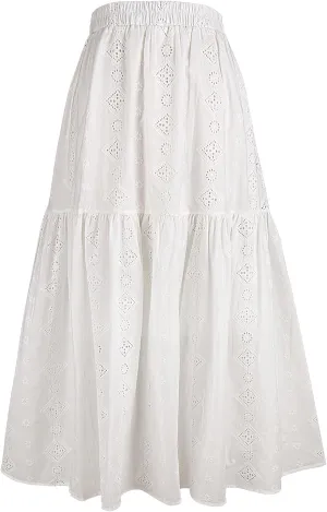 Babalet Women's Boho Cotton Skirts Embroidery Lace Eyelet Elastic Waist Flowy A-Line Beach Casual Summer Maxi Skirt
