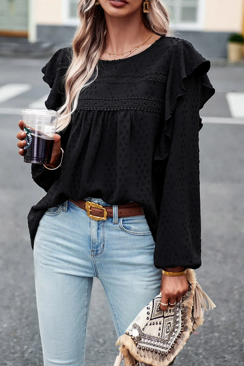 Black Swiss Dot Ruffle Shoulder Long Sleeve Blouse