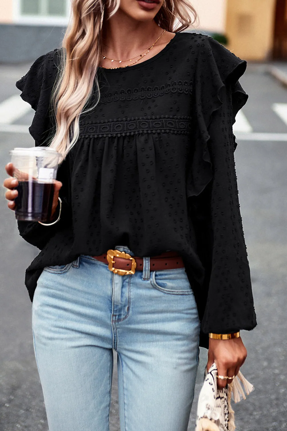 Black Swiss Dot Ruffle Shoulder Long Sleeve Blouse