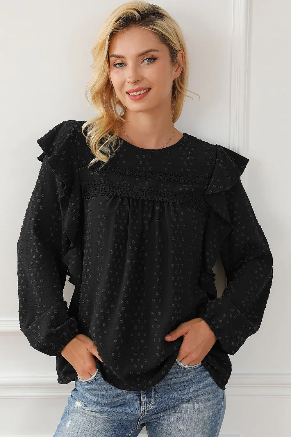 Black Swiss Dot Ruffle Shoulder Long Sleeve Blouse