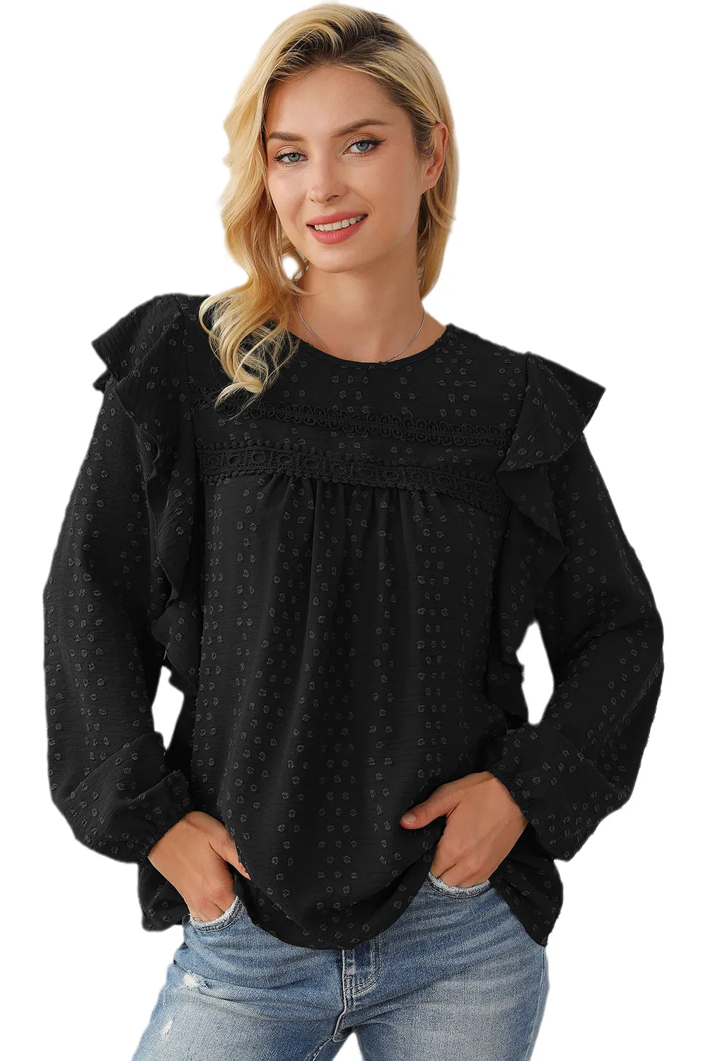 Black Swiss Dot Ruffle Shoulder Long Sleeve Blouse