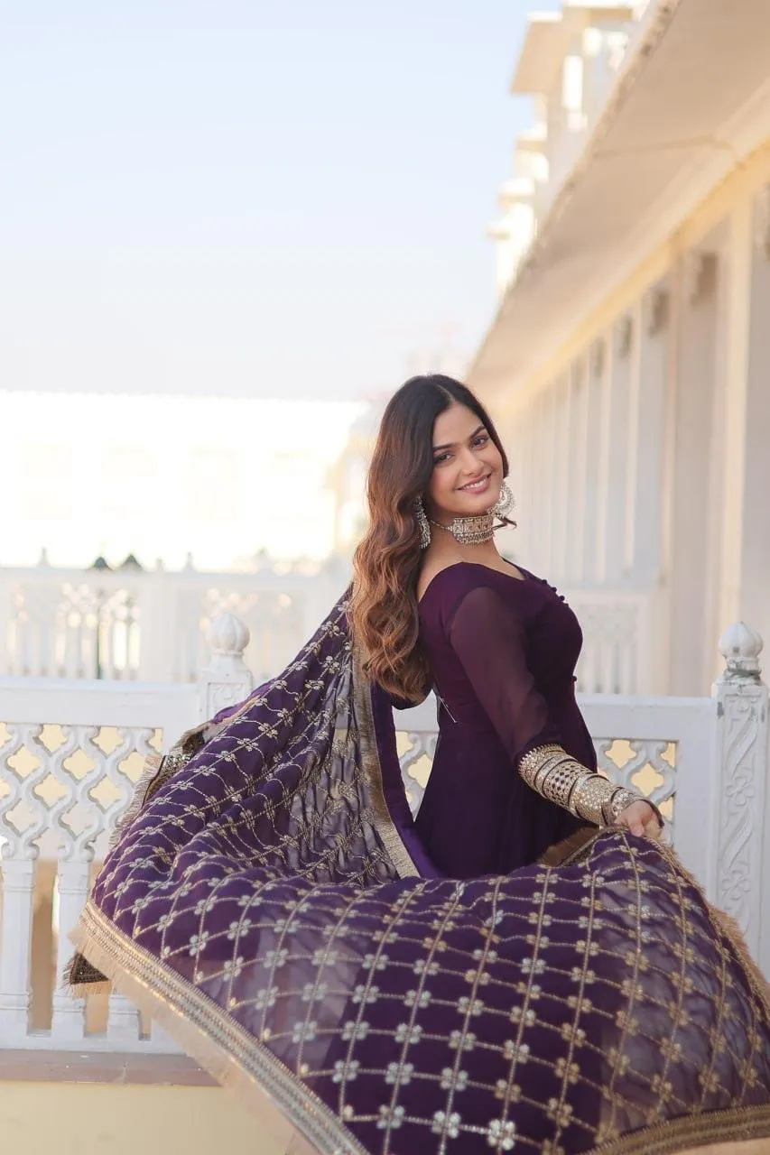 Charming Faux Georgette Sequins Embroidered Gown With Dupatta