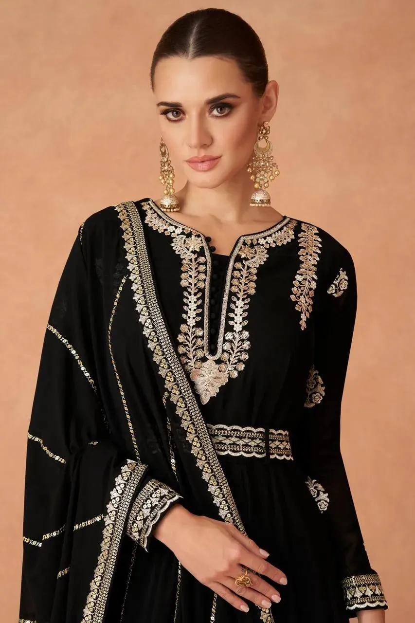 Designer Black Faux Georgette Embroidered Gown With Belt