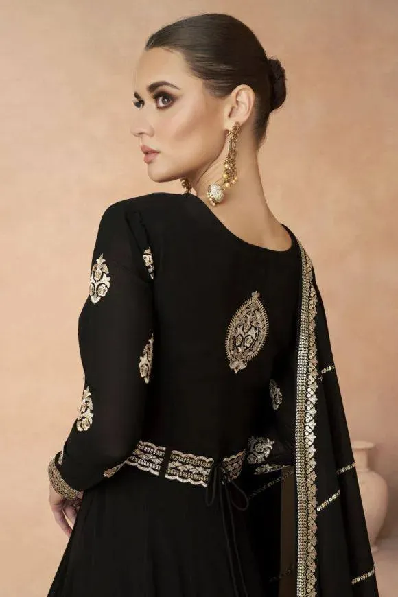 Designer Black Faux Georgette Embroidered Gown With Belt