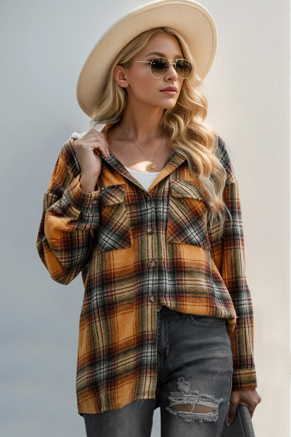 Double Take Drawstring Plaid Hooded Shacket – Casual Long Sleeve Jacket with Pockets (S-2XL)
