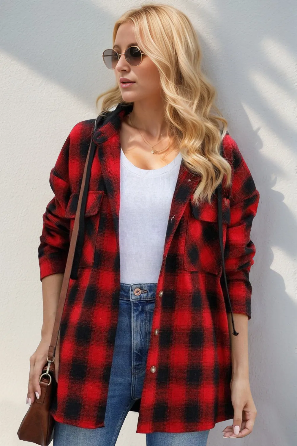 Double Take Drawstring Plaid Hooded Shacket – Casual Long Sleeve Jacket with Pockets (S-2XL)
