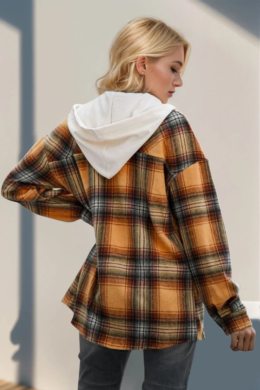 Double Take Drawstring Plaid Hooded Shacket – Casual Long Sleeve Jacket with Pockets (S-2XL)
