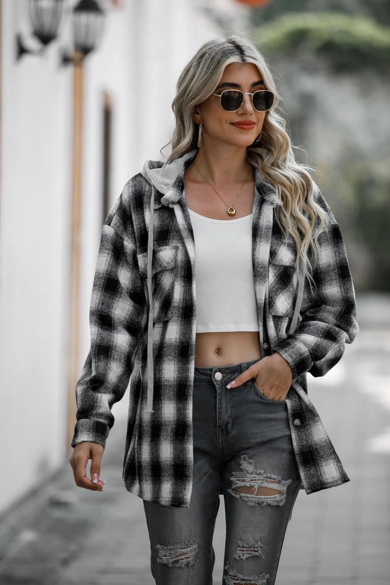Double Take Drawstring Plaid Hooded Shacket – Casual Long Sleeve Jacket with Pockets (S-2XL)