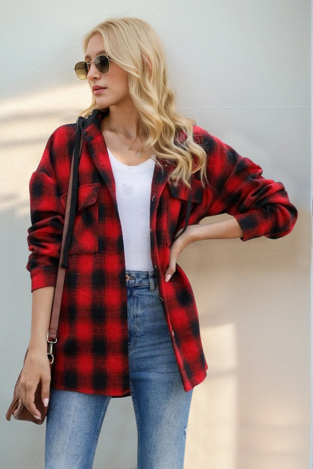 Double Take Drawstring Plaid Hooded Shacket – Casual Long Sleeve Jacket with Pockets (S-2XL)