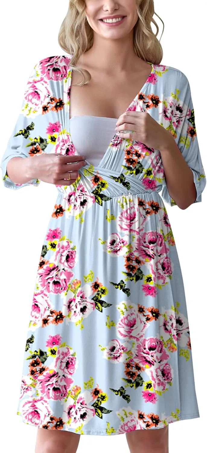 Ekouaer 3 in 1 Labor/Delivery/Hospital Gown Maternity Dress Nursing Nightgown Sleepwear for Breastfeeding