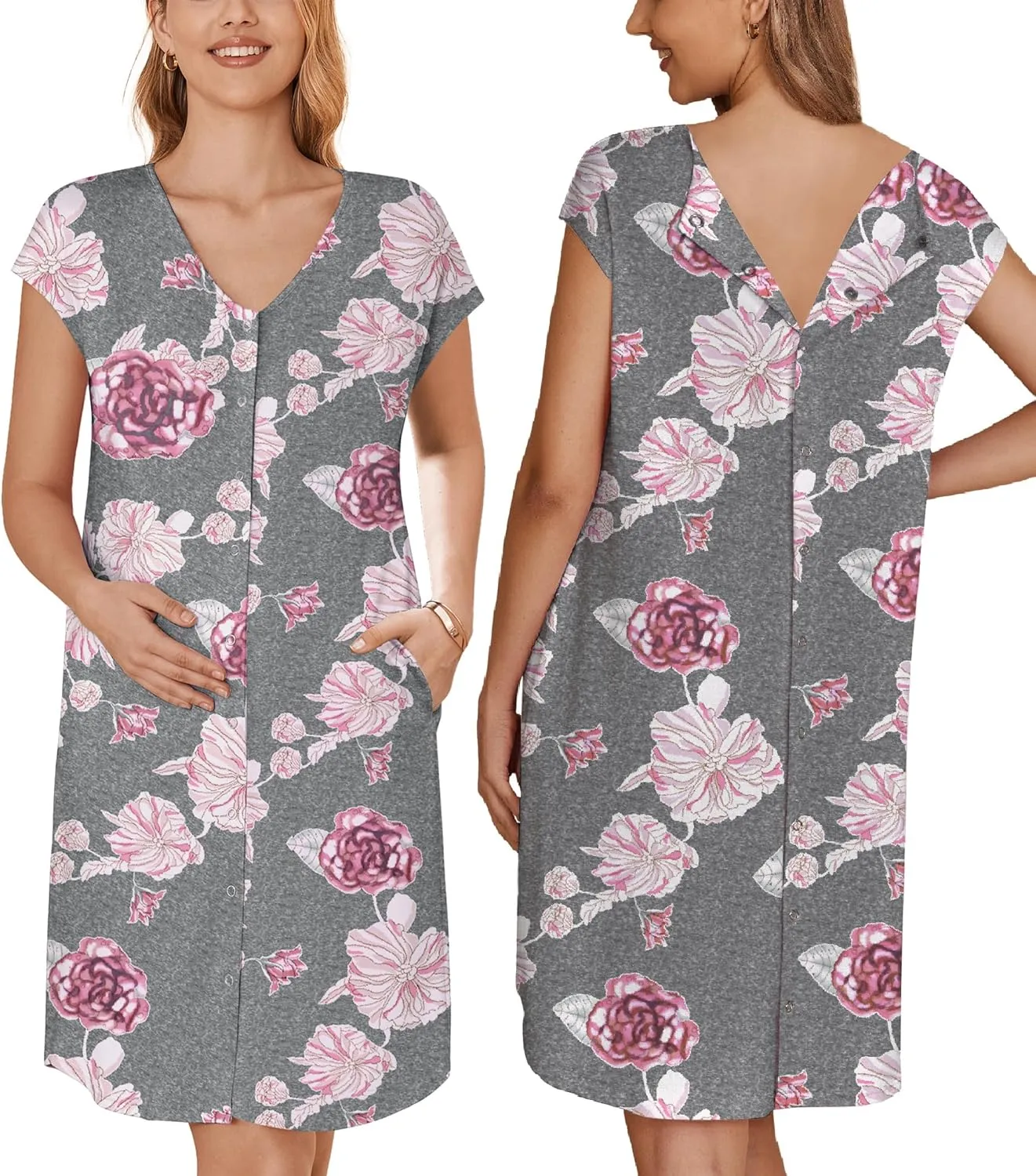 Ekouaer Labor/Delivery/Hospital Gown Nursing Nightgown Maternity Sleepwear With Pockets Postpartum Gowns with Button S-XXL