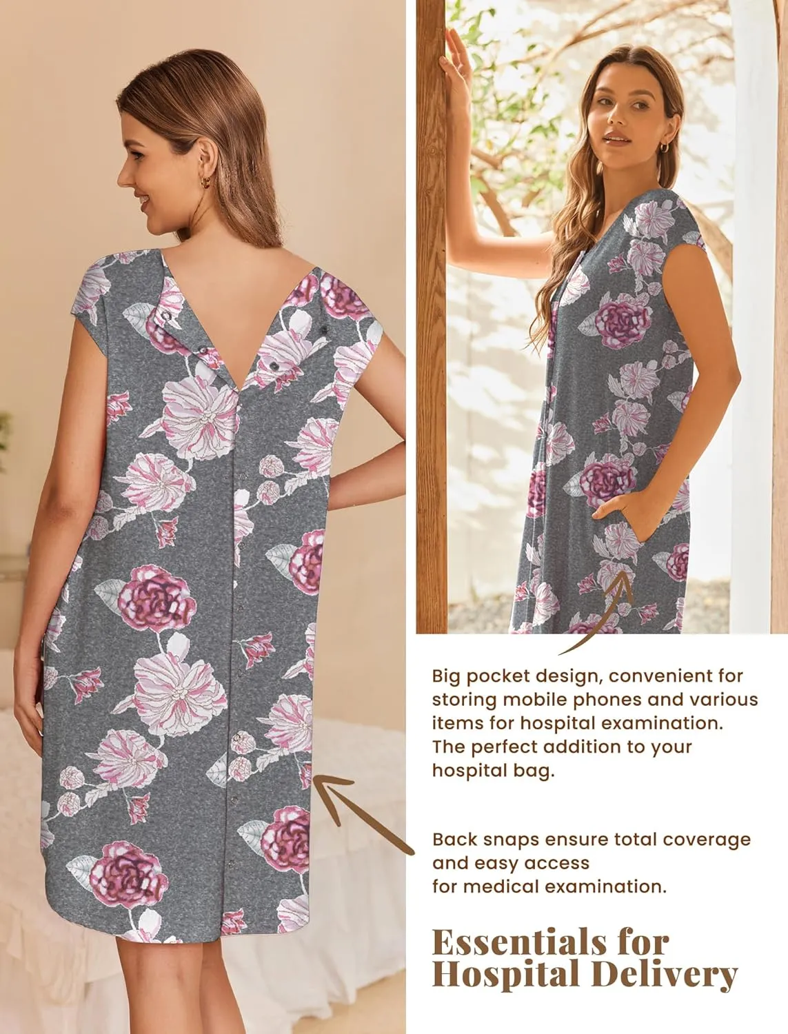 Ekouaer Labor/Delivery/Hospital Gown Nursing Nightgown Maternity Sleepwear With Pockets Postpartum Gowns with Button S-XXL