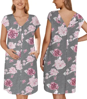 Ekouaer Labor/Delivery/Hospital Gown Nursing Nightgown Maternity Sleepwear With Pockets Postpartum Gowns with Button S-XXL