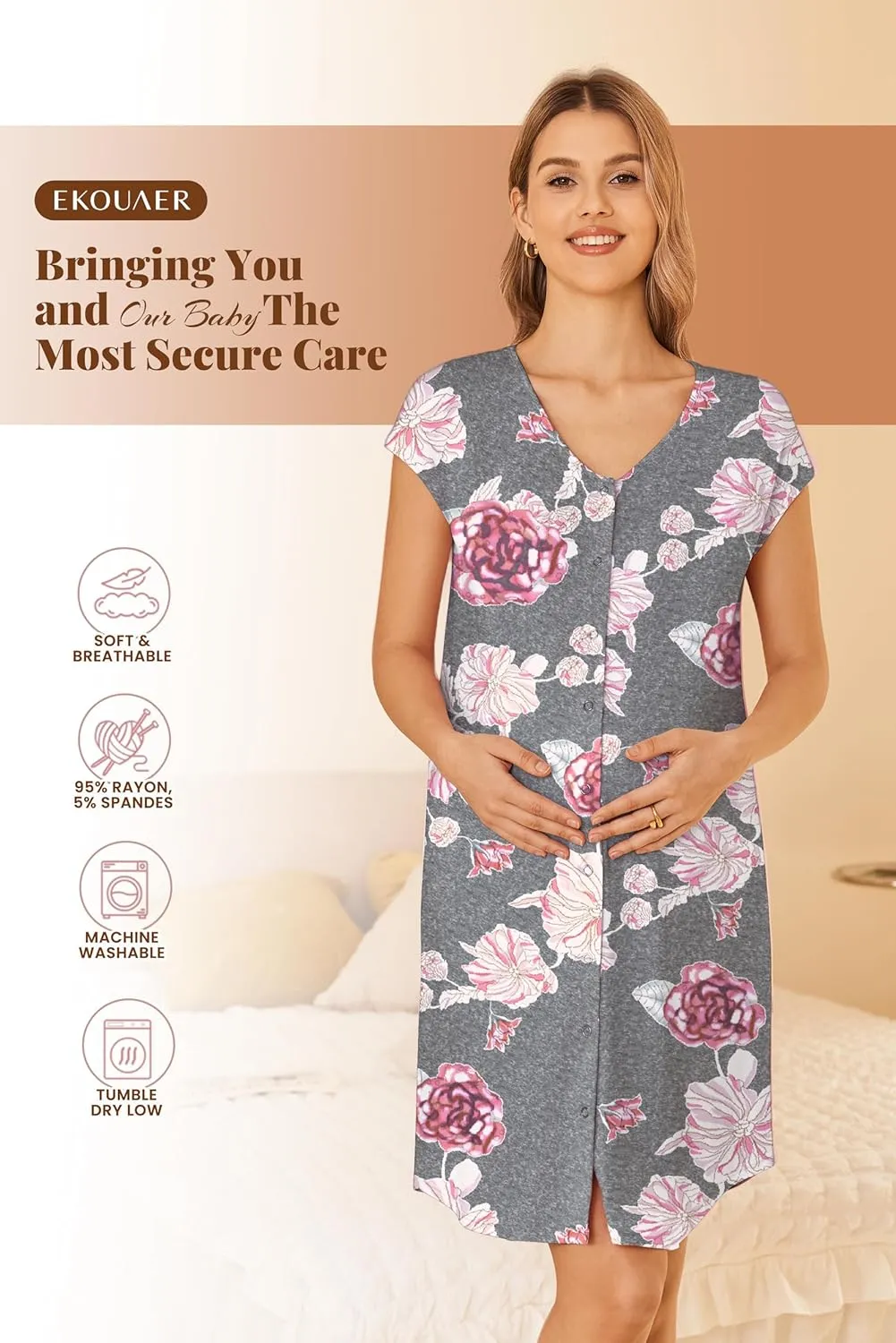 Ekouaer Labor/Delivery/Hospital Gown Nursing Nightgown Maternity Sleepwear With Pockets Postpartum Gowns with Button S-XXL
