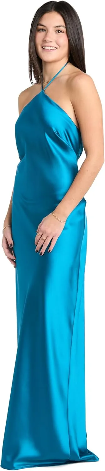 Elegant Juniors' Silky Satin High Neck Gown W/Back Tie & Flowing Skirt