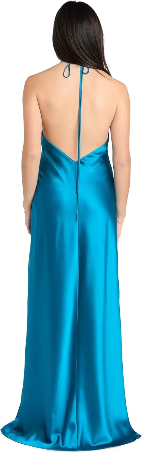 Elegant Juniors' Silky Satin High Neck Gown W/Back Tie & Flowing Skirt