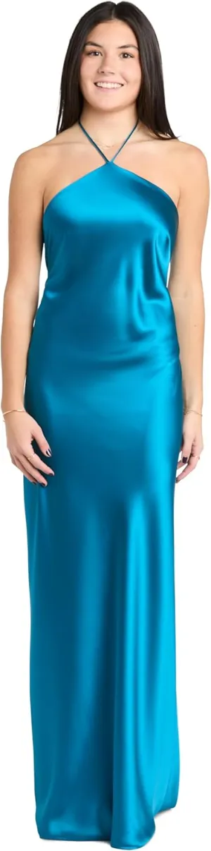 Elegant Juniors' Silky Satin High Neck Gown W/Back Tie & Flowing Skirt