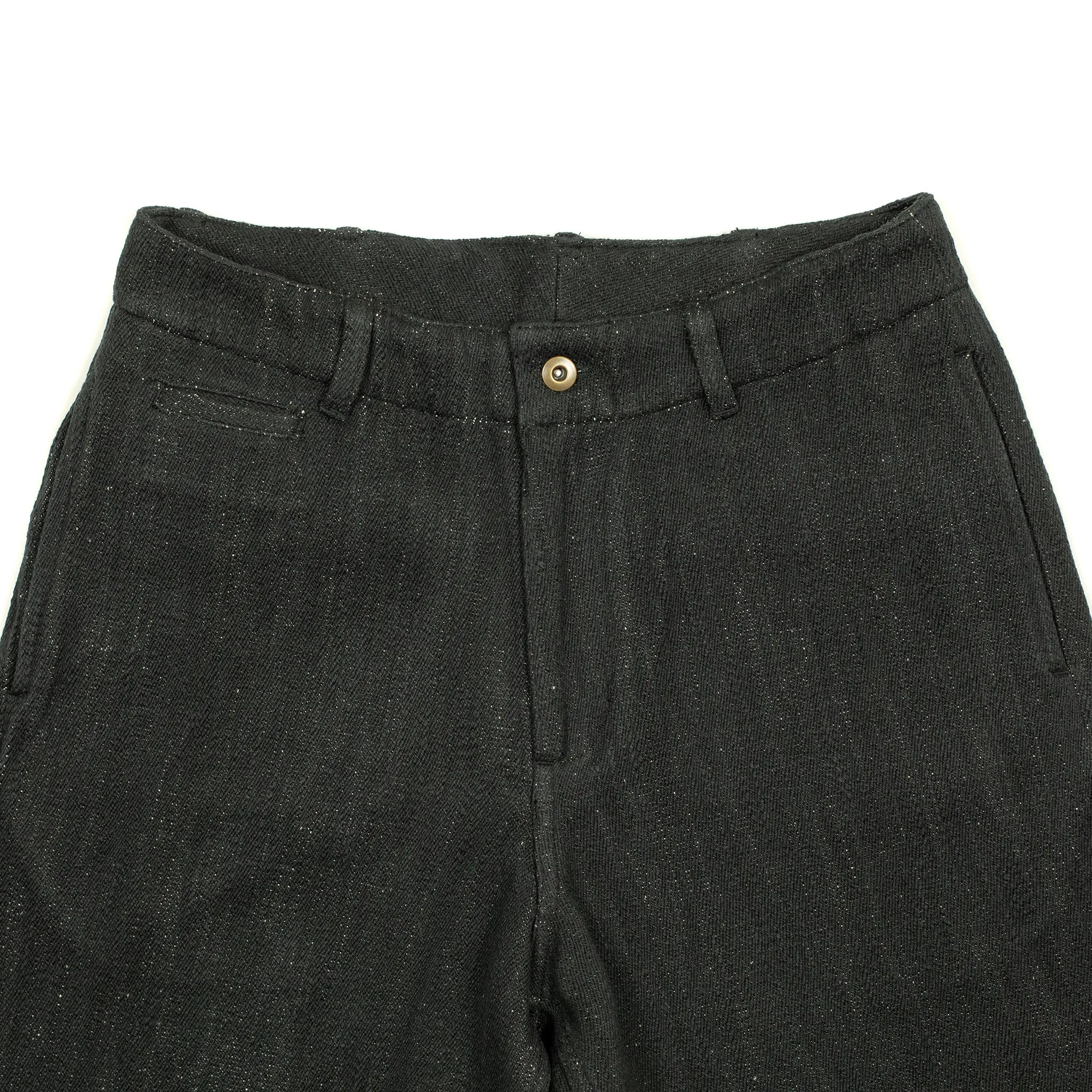 Flat front trousers in black slubby handwoven cotton denim