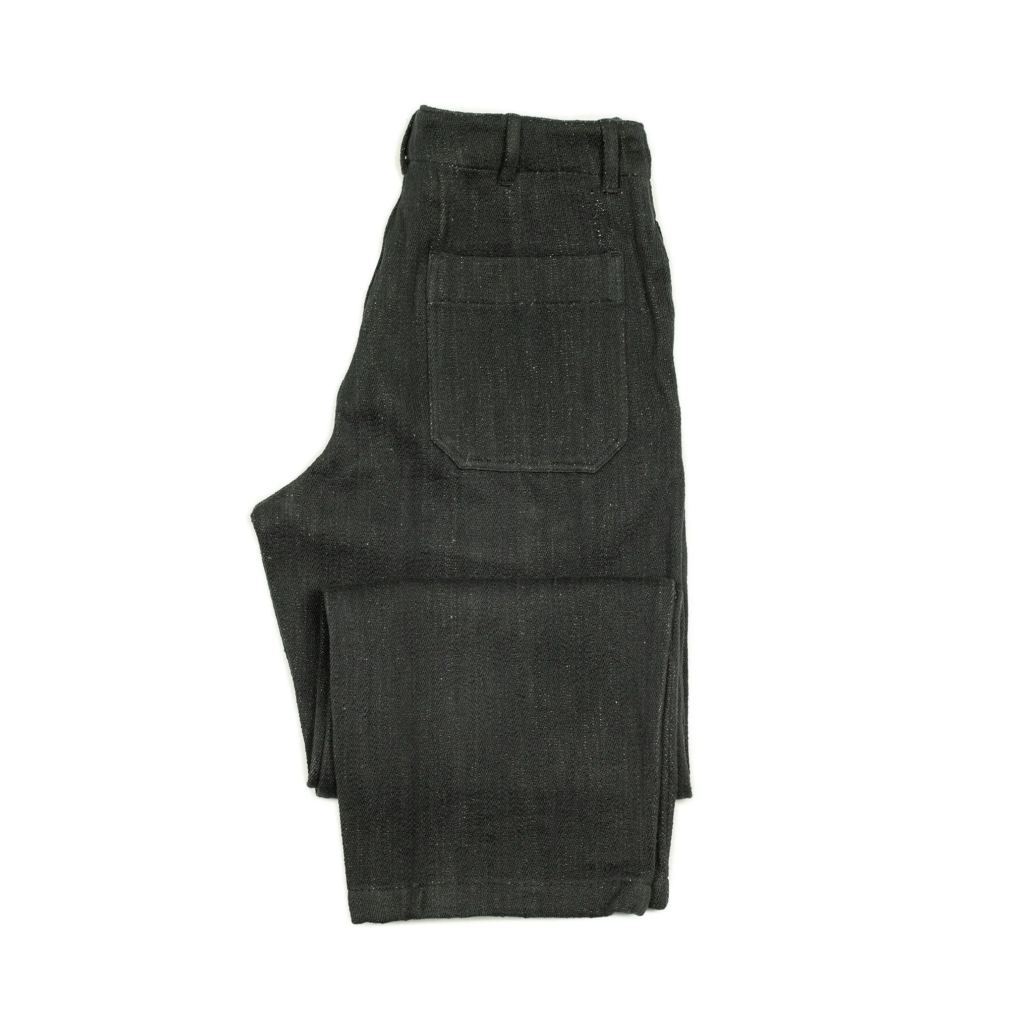 Flat front trousers in black slubby handwoven cotton denim