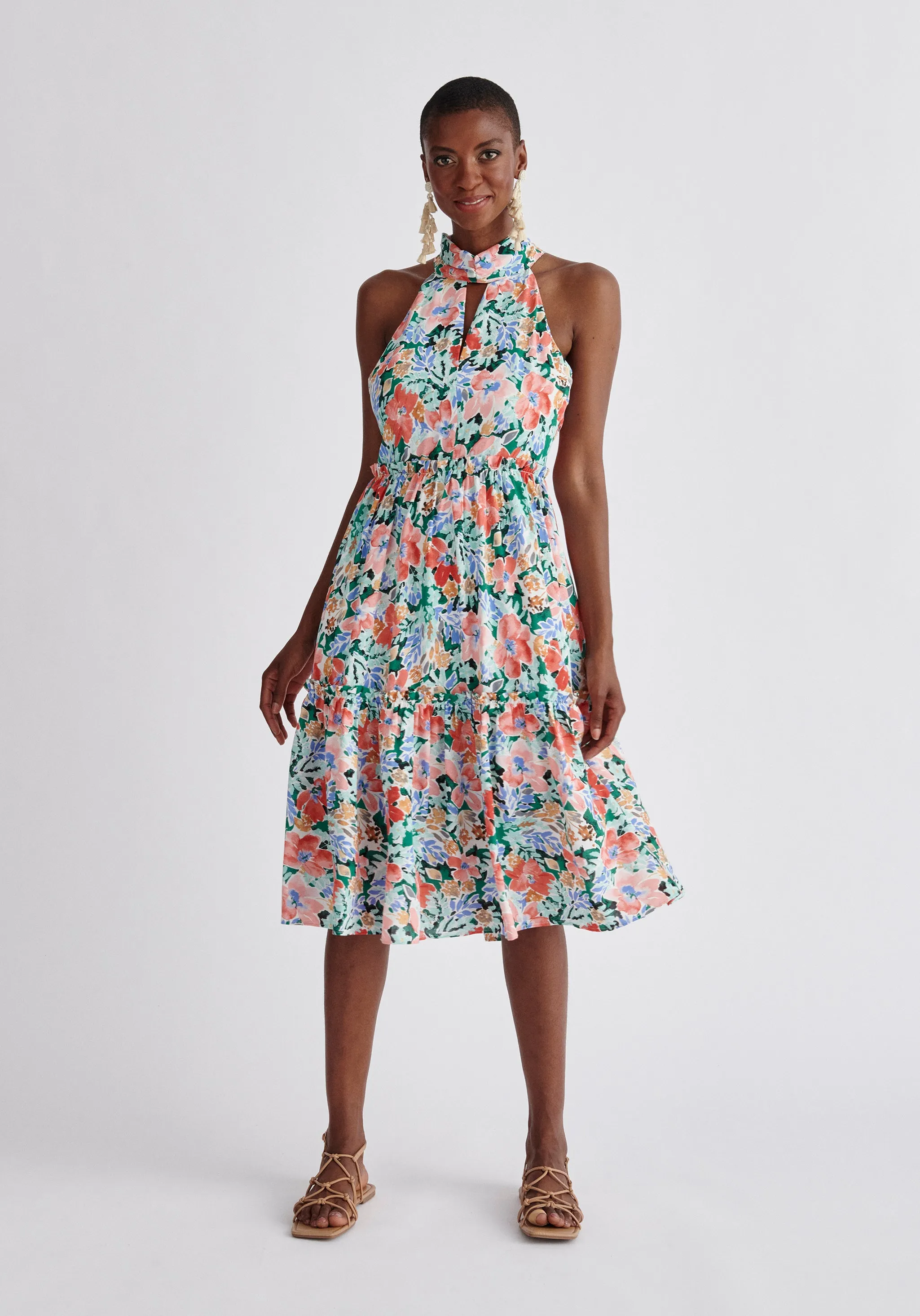 Floral Tiered Halterneck Dress