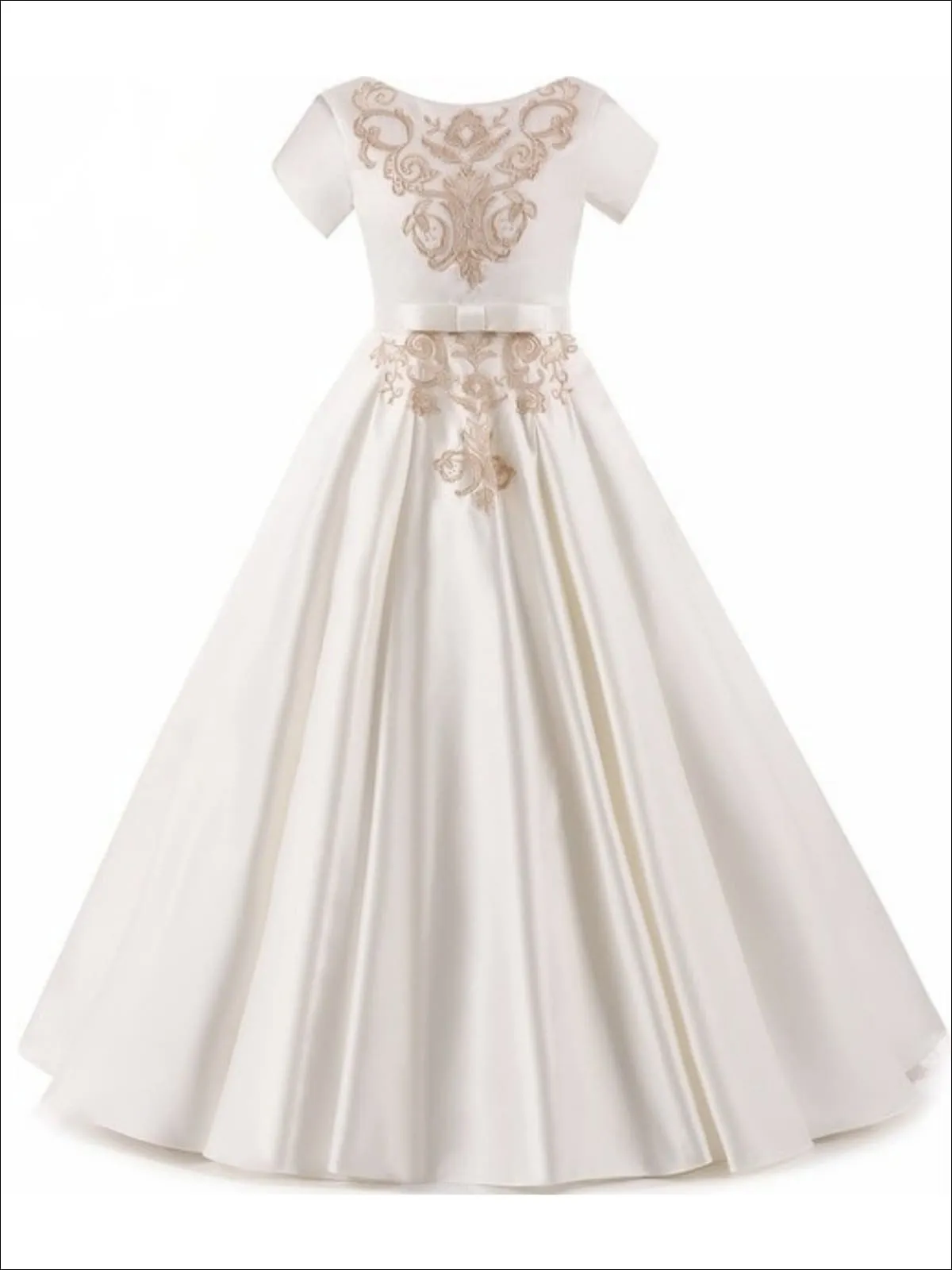 Girls Elegant Gold Embroidered Floor Length Communion Gown