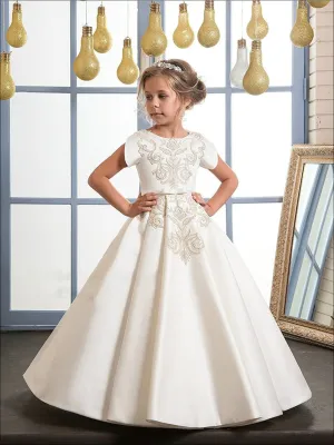 Girls Elegant Gold Embroidered Floor Length Communion Gown