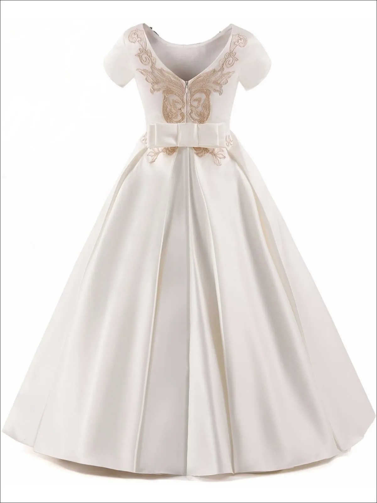 Girls Elegant Gold Embroidered Floor Length Communion Gown