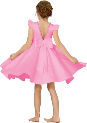 Girl's Short Sleeve Glossy Satin O-Neck Flower Girls Dresses V-Back Toddlers Tutu Dance Pageant Party Mini Dress