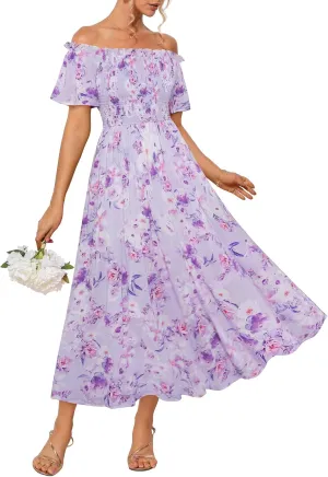 GRACE KARIN Women's 2025 Summer Floral Smocked Off Shoulder Flowy A Line Maxi Dresses Formal Wedding Guest Dress with Pockets