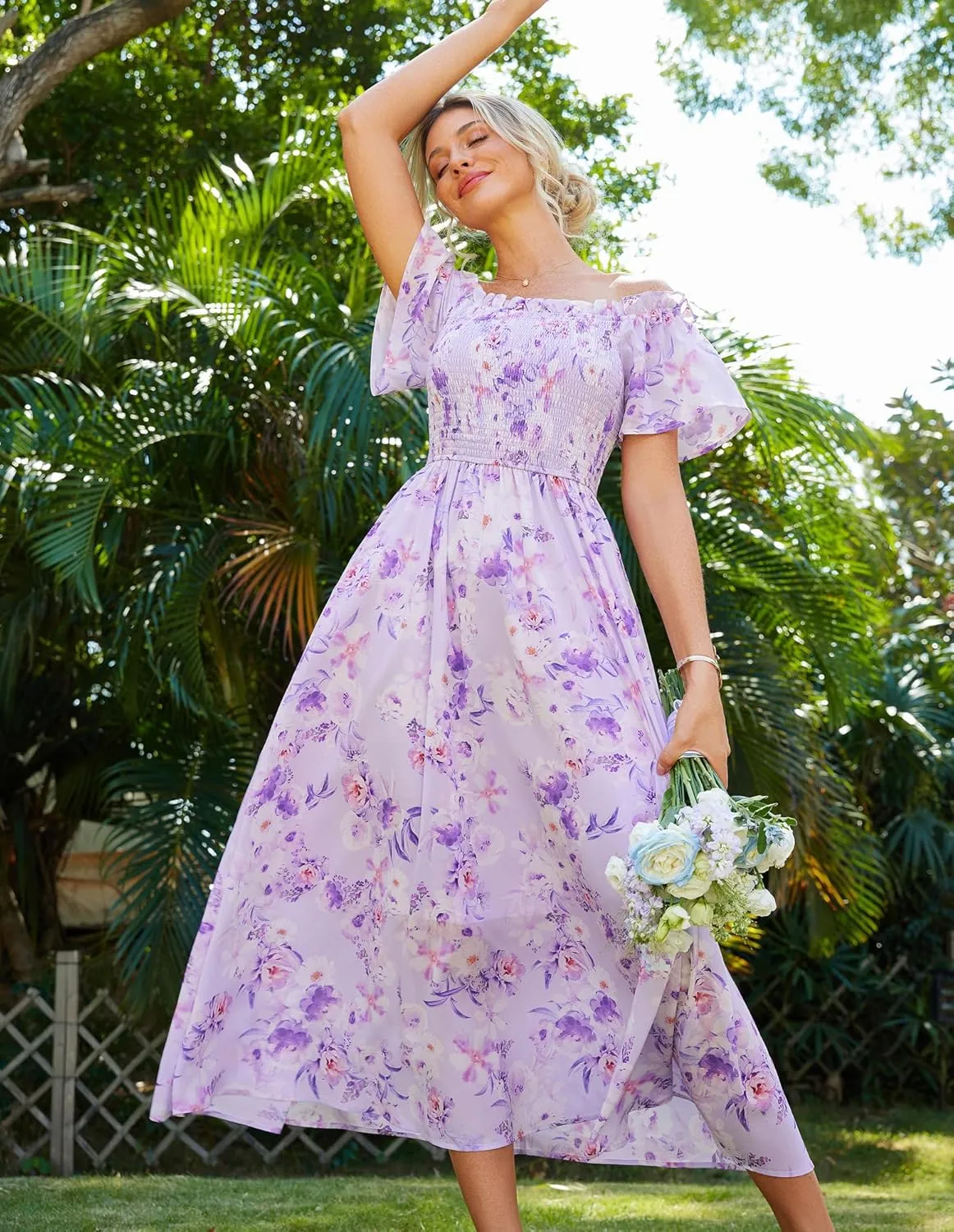 GRACE KARIN Women's 2025 Summer Floral Smocked Off Shoulder Flowy A Line Maxi Dresses Formal Wedding Guest Dress with Pockets