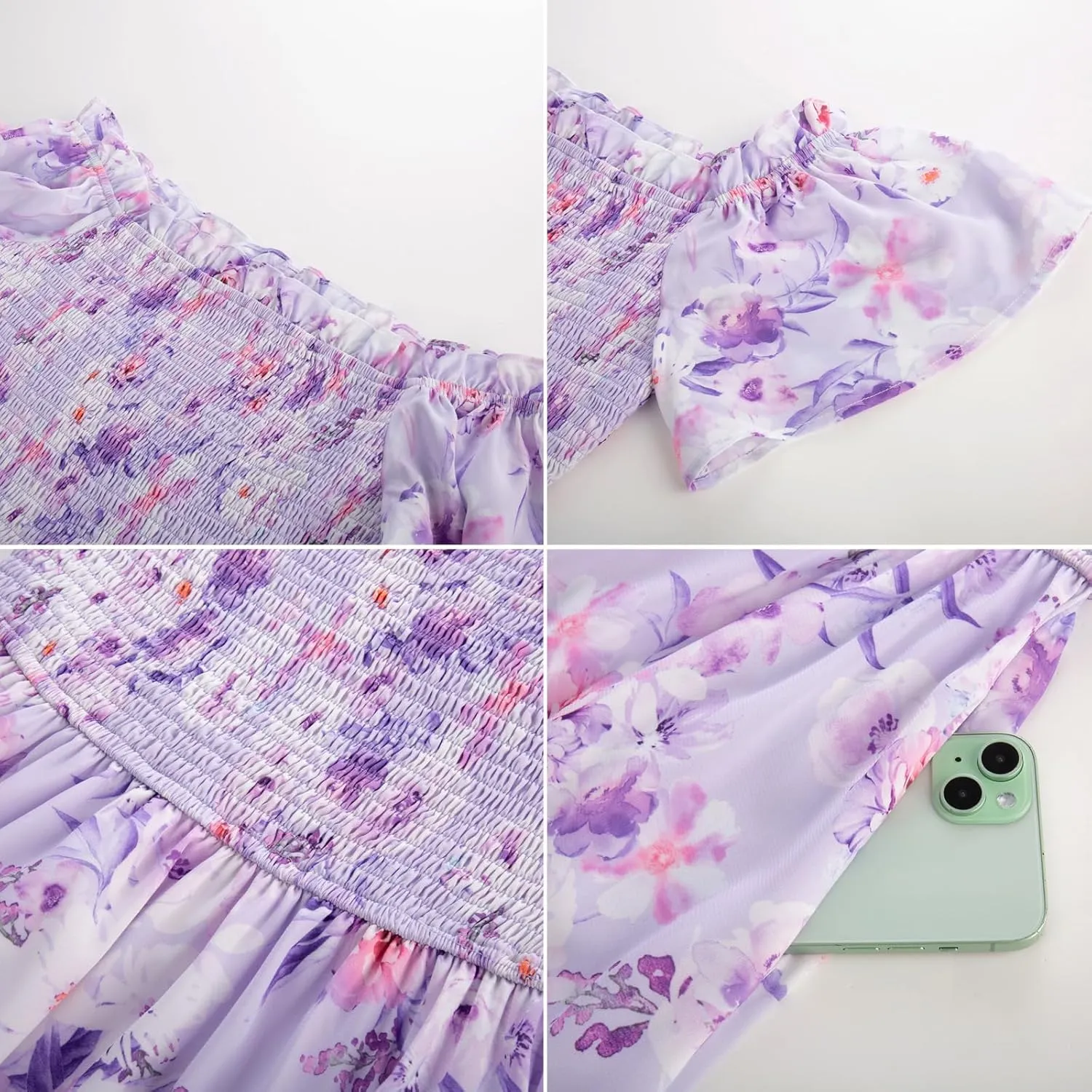 GRACE KARIN Women's 2025 Summer Floral Smocked Off Shoulder Flowy A Line Maxi Dresses Formal Wedding Guest Dress with Pockets