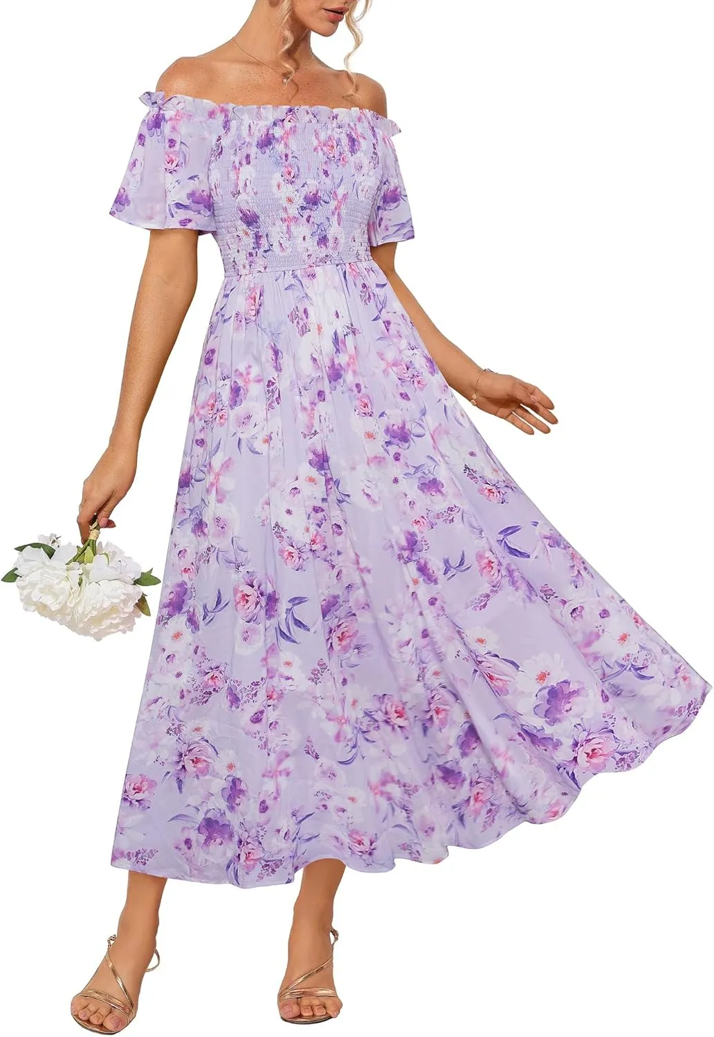 GRACE KARIN Women's 2025 Summer Floral Smocked Off Shoulder Flowy A Line Maxi Dresses Formal Wedding Guest Dress with Pockets