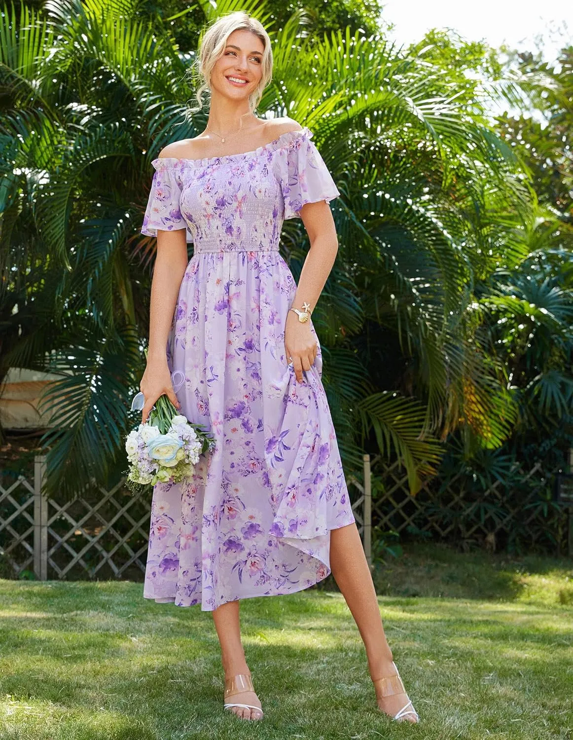 GRACE KARIN Women's 2025 Summer Floral Smocked Off Shoulder Flowy A Line Maxi Dresses Formal Wedding Guest Dress with Pockets