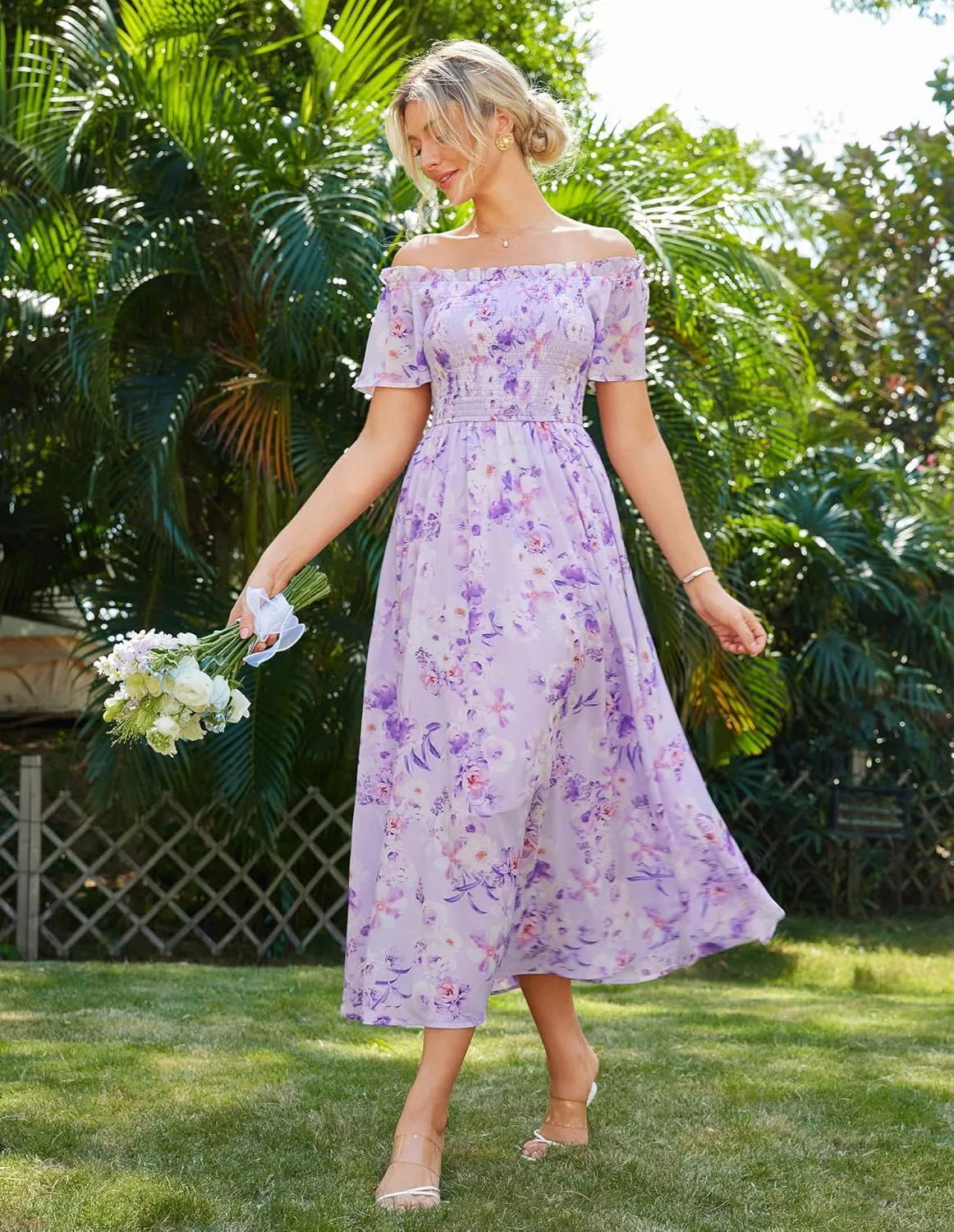 GRACE KARIN Women's 2025 Summer Floral Smocked Off Shoulder Flowy A Line Maxi Dresses Formal Wedding Guest Dress with Pockets