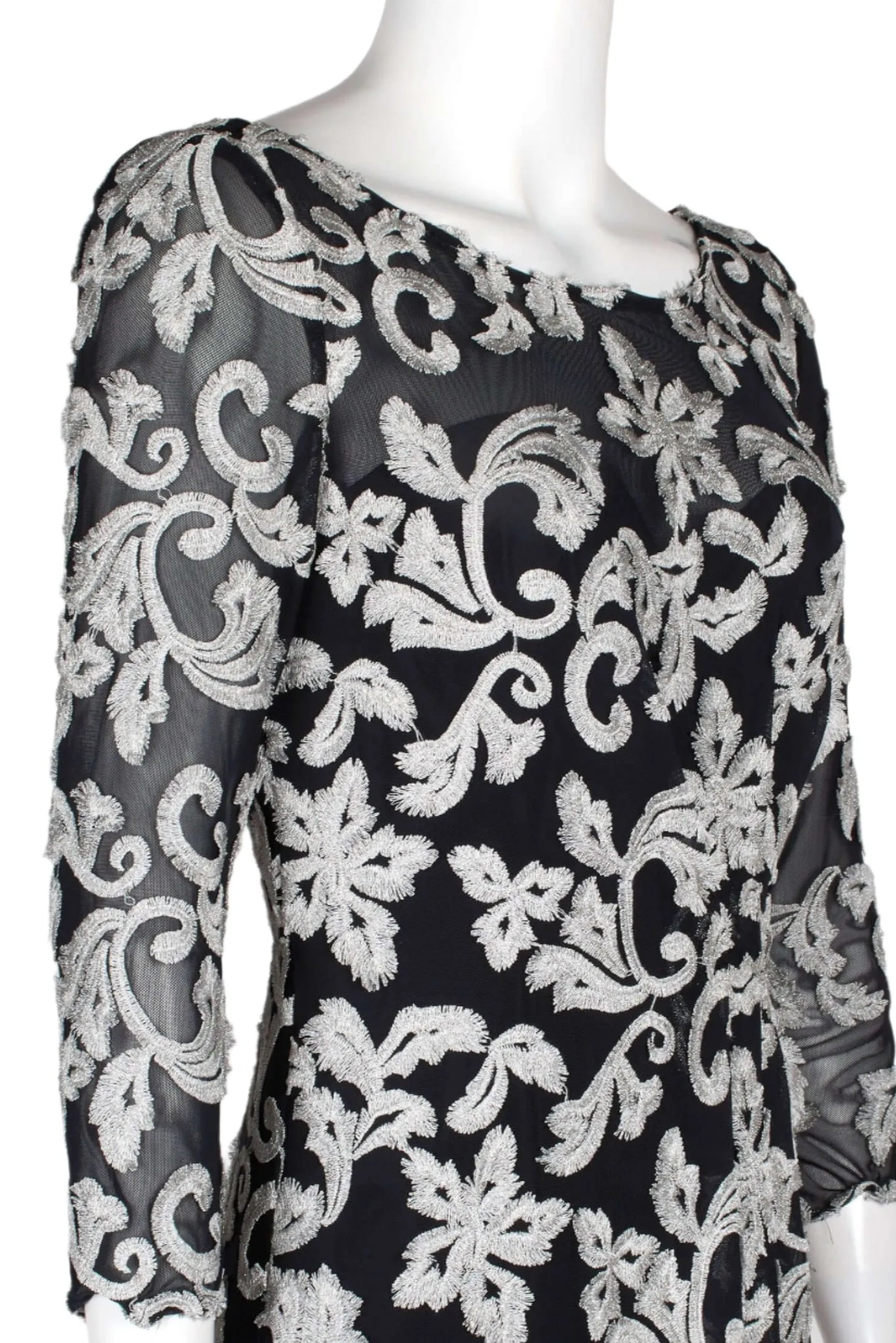 JS Collections Boat Neck 3/4 Sleeve Zipper Back Embroidered Mesh Gown