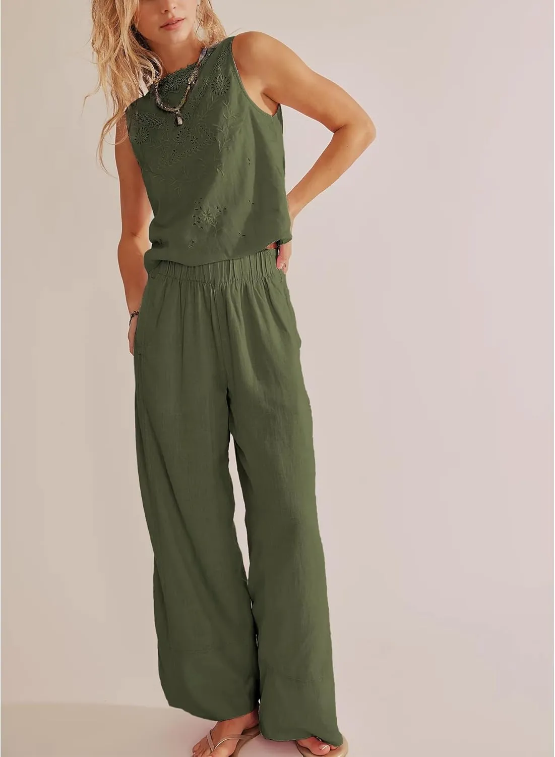 Linen Pants for Women Cotton Baggy Boho Casual Palazzo Pants Wide Leg Long Lounge Trousers with Pockets