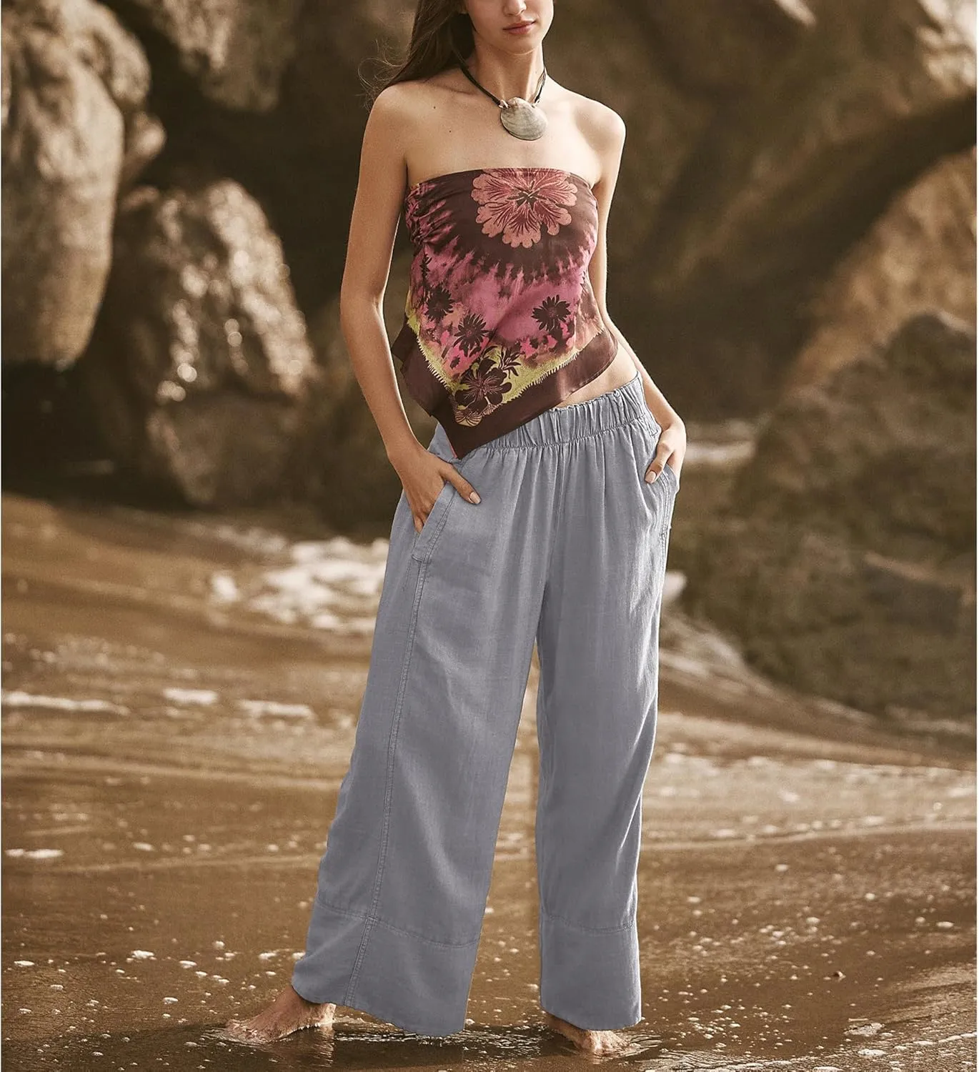 Linen Pants for Women Cotton Baggy Boho Casual Palazzo Pants Wide Leg Long Lounge Trousers with Pockets