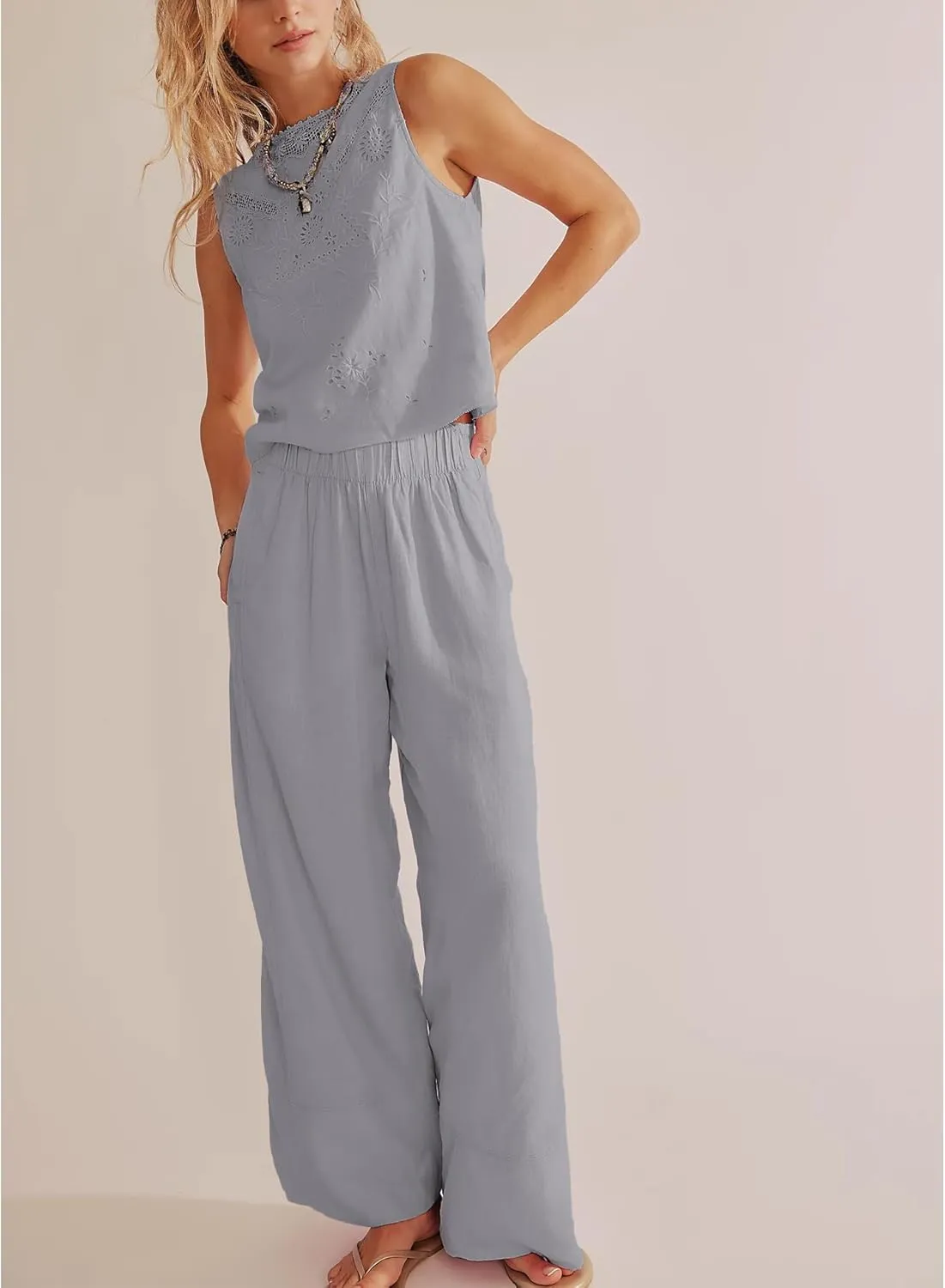 Linen Pants for Women Cotton Baggy Boho Casual Palazzo Pants Wide Leg Long Lounge Trousers with Pockets