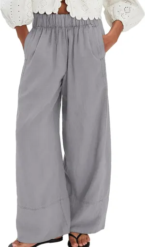 Linen Pants for Women Cotton Baggy Boho Casual Palazzo Pants Wide Leg Long Lounge Trousers with Pockets