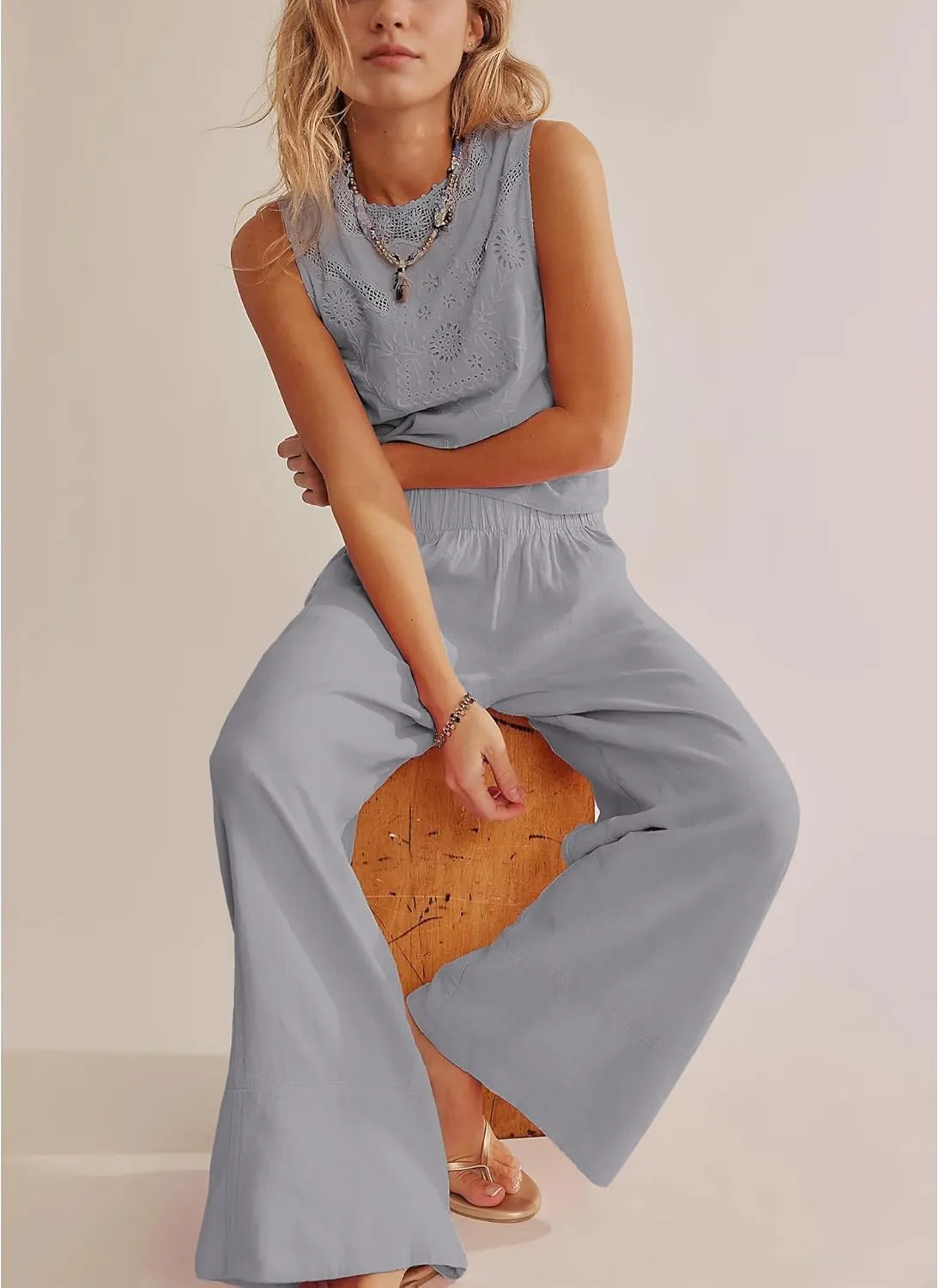 Linen Pants for Women Cotton Baggy Boho Casual Palazzo Pants Wide Leg Long Lounge Trousers with Pockets